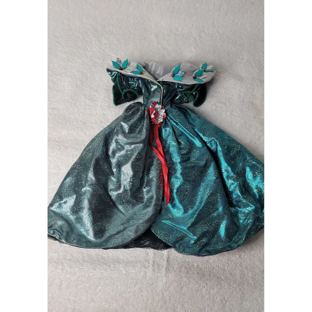 Vintage Barbie Holiday Gown Metallic Teal Holly Leaf Sequin Dress 1990s Style